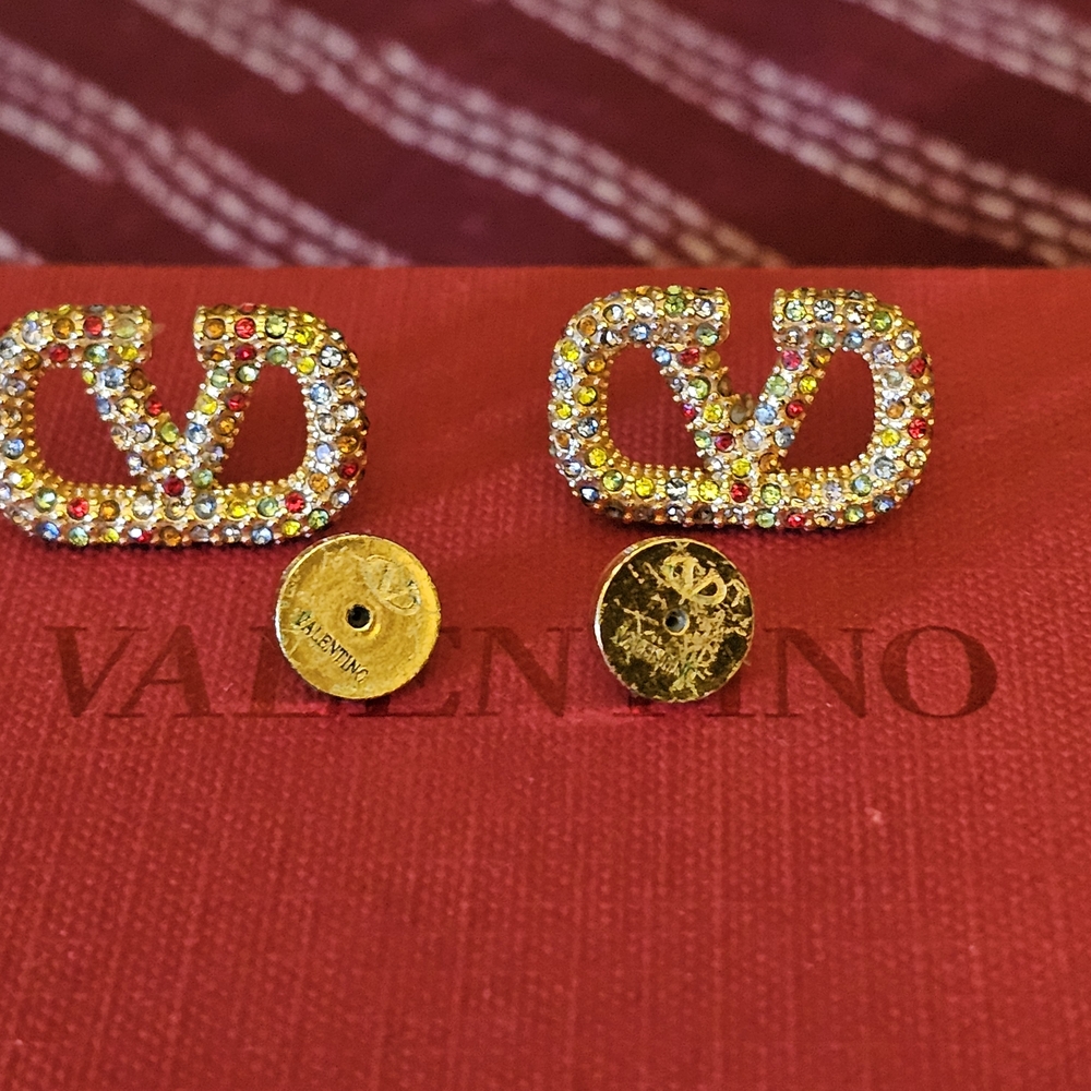 Valentino Gold-Tone V Logo Crystal Multicolor Stud Earrings